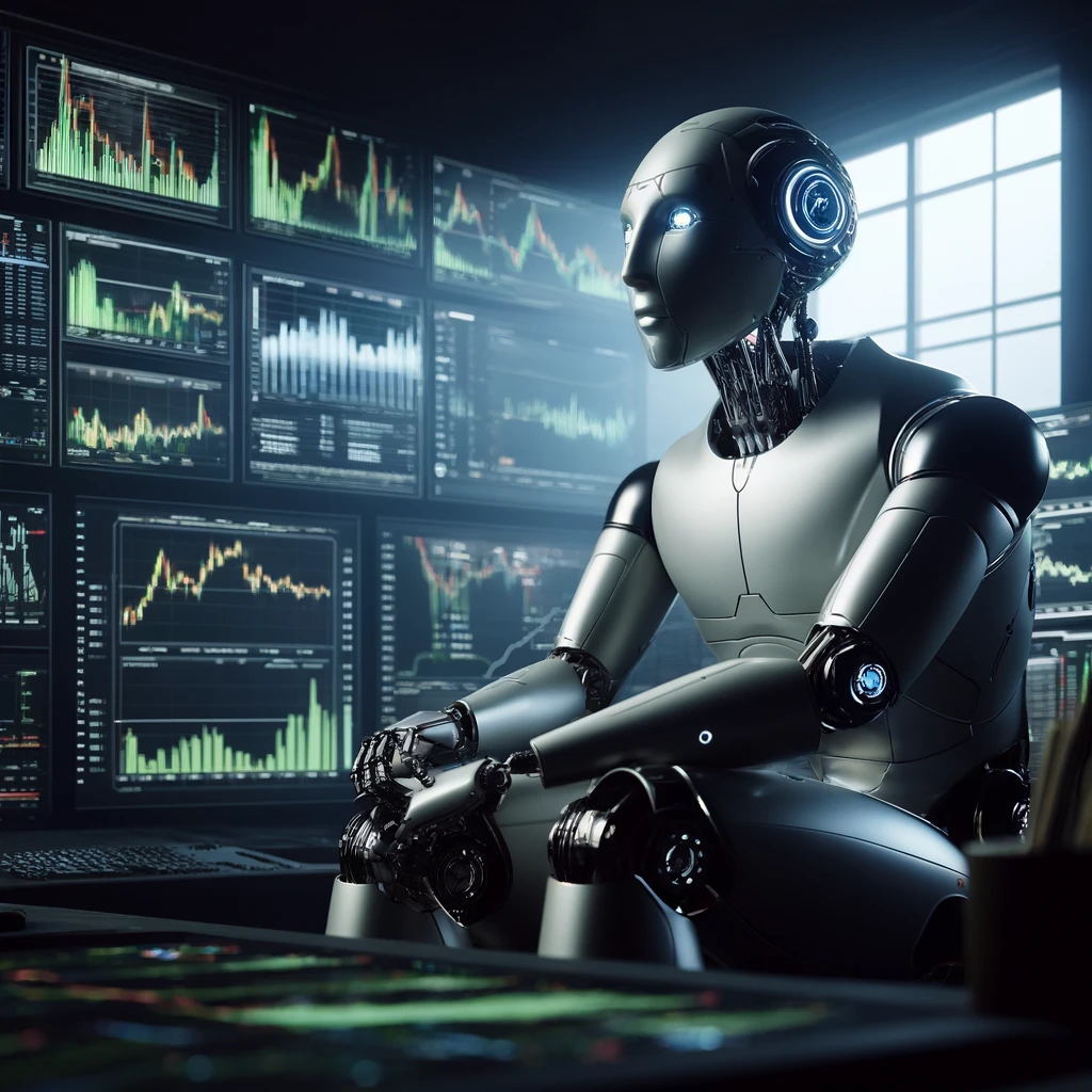 Forex automation robot sitting in front of multiple screens displaying charts and graphs